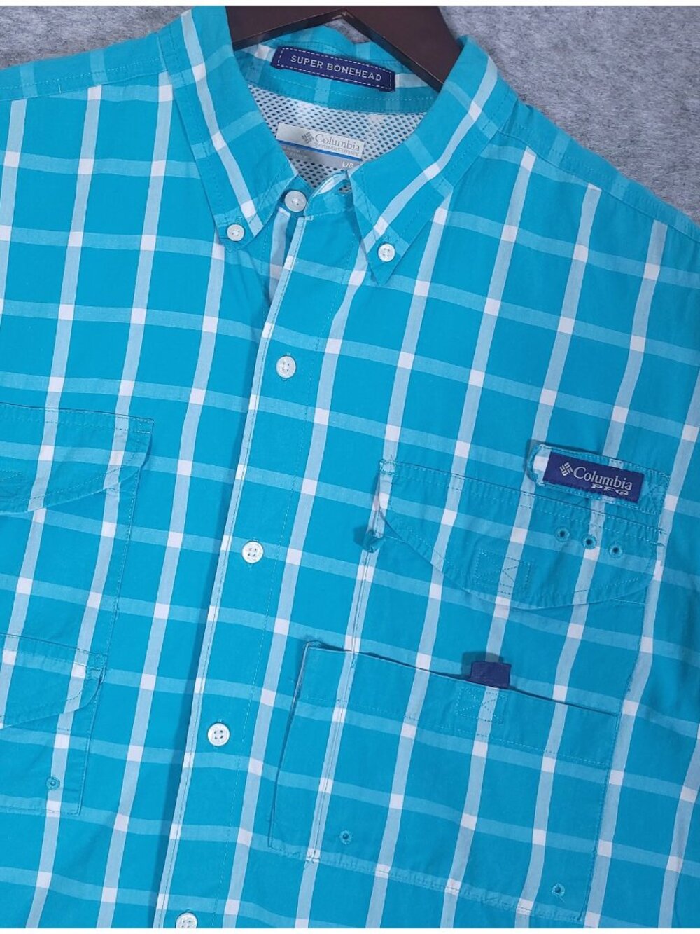 Columbia PFG Super Bonehead Fishing Shirt Large Teal Windowpane Outdoor Vented